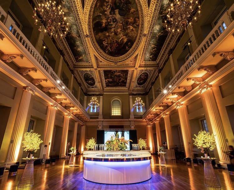 Event planners at Banqueting House, party planners london, white circular bar, twilight trees at Banqueting House, London event planner at Banqueting House, parties in a palace 